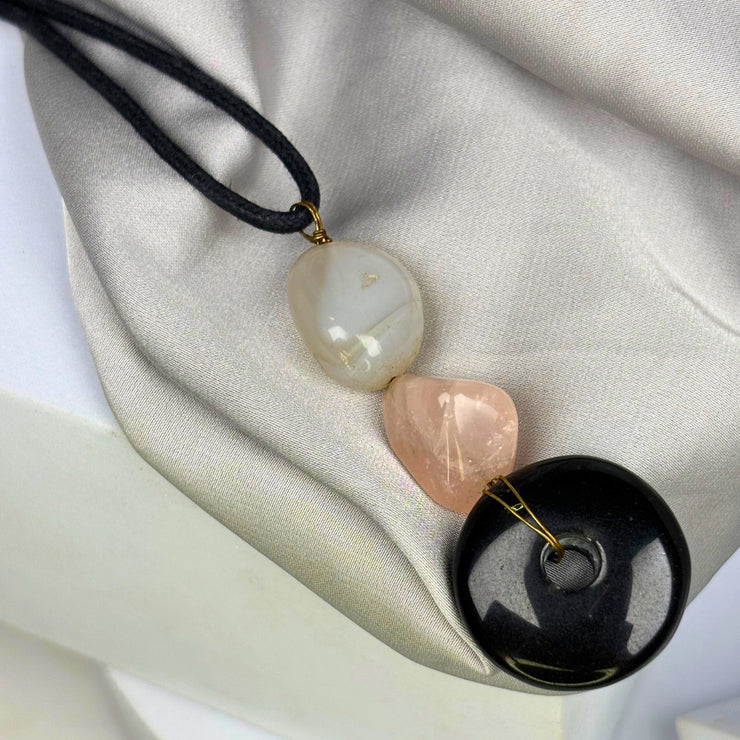 Black agate, rose quartz & natural baroque pearl necklace