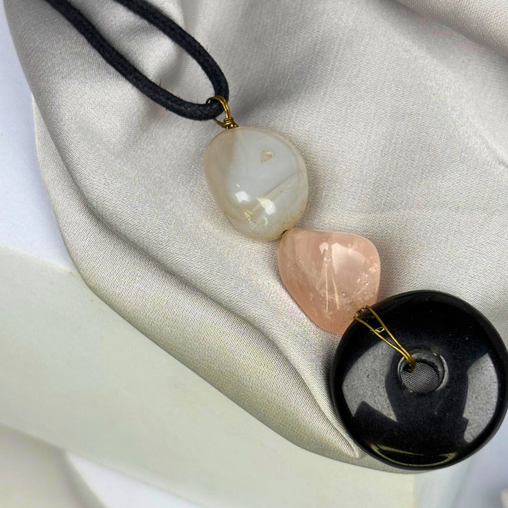Black agate, rose quartz & natural baroque pearl necklace