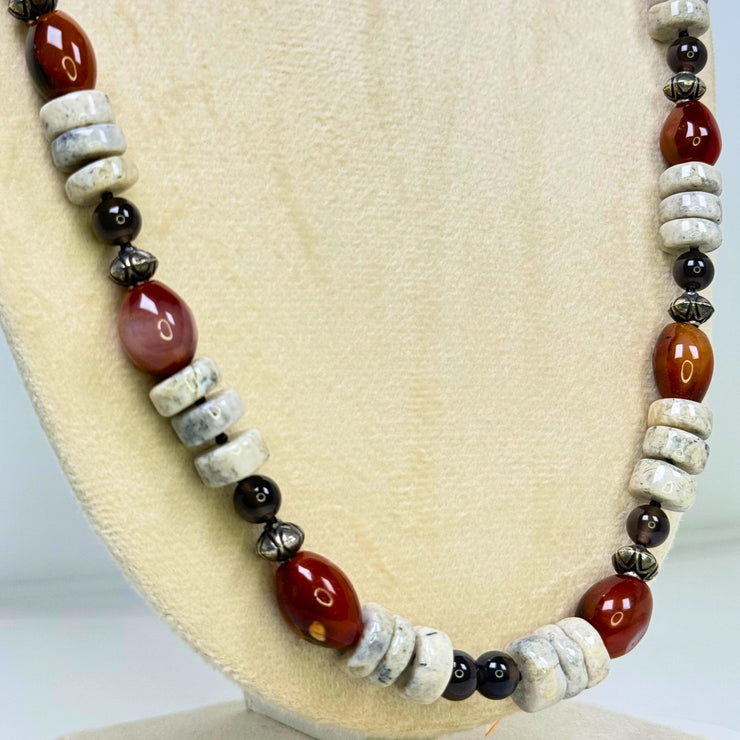 striking mix of red jasper, black agate, and white fossil stone_jasper brings warmth_Handcrafted