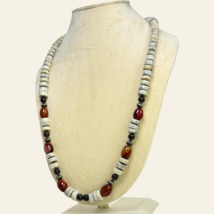 striking mix of red jasper, black agate, and white fossil stone_jasper brings warmth_Handcrafted