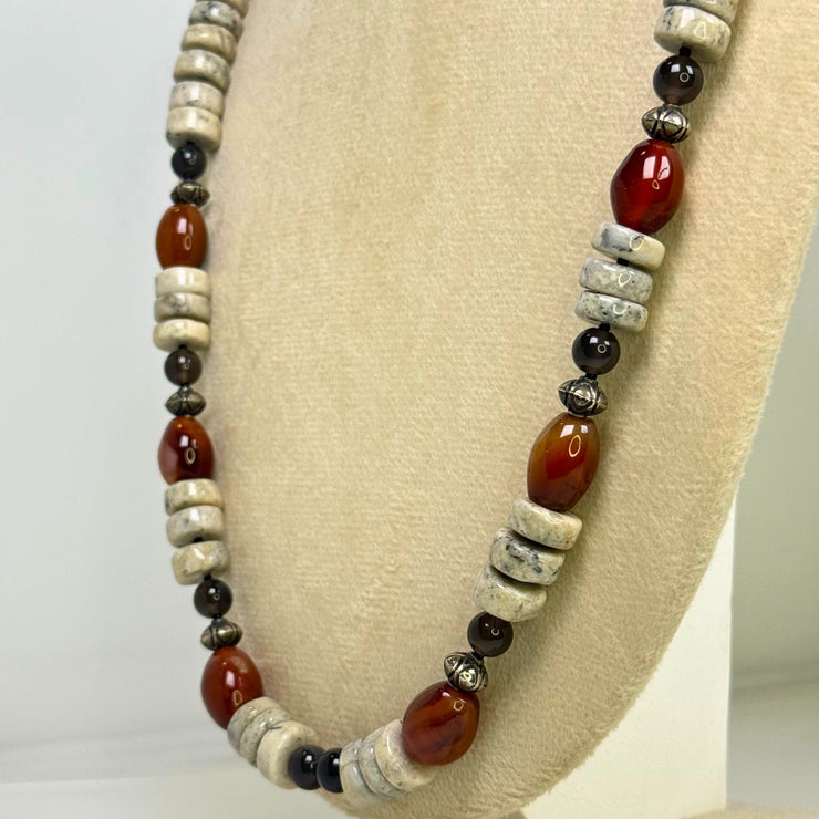 striking mix of red jasper, black agate, and white fossil stone_jasper brings warmth_Handcrafted