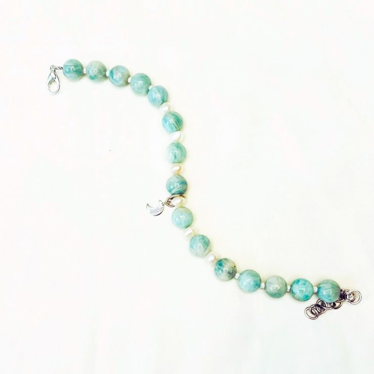 amazonite_pearl_925 silver_moon_charm_blue_cream_gift_bracelet_annutra